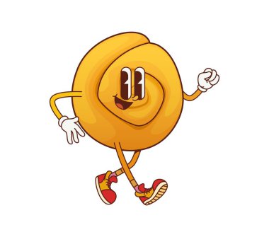 Acayip ve havalı çizgi film kurabiye karakteri. İzole vektör komedi fırını ve pastacı kişiliği spor ayakkabıları giyiyor, neşeli bir ifadeyle dans ediyor, bir neşe, enerji, kutlama ve eğlence hissi yakalıyor.