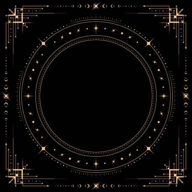Altın çizgi kenarı ve sihirli elementleri olan mistik gök kare çerçeve, vektör arkaplan. Y2K yıldız parıltılarıyla göksel kare çerçeve ve esrarengiz Tarot kartları için soyut kutsal geometri tasarımı