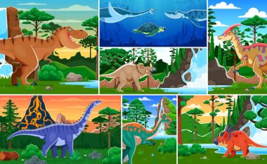 Karikatür tarih öncesi dinozorlar Jura dönemi kertenkele ve sürüngenleri kolajı, vektör arkaplan. T-rex, dev kertenkeleler ve çocuklar için ormandaki su altı sürüngenleri dino dünya atlası ya da paleontoloji kitabı