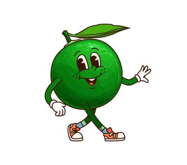 Yeşil vücutlu, harika bir tropikal meyve karakteri, büyük bir gülümseme ve yaprak, spor ayakkabısı giyiyor ve eğlenceli ve eğlenceli bir retro titreşim yayıyor. İzole edilmiş karikatür vektör limon narenciye meyve kişiliği neşeyle geziniyor.