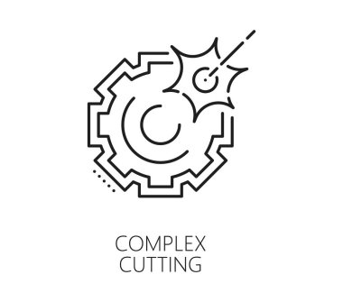 Lazer kompleksi imalat sanayi hattı ikonunu kesiyor. Çelik oyma endüstrisi ince çizgi simgesi, CNC kesme ekipmanı veya lazer oyma üretim teknolojisi çizgisi sembolü dişli tekerlek