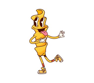 Eliche İtalyan makarnası harika, sevimli bir karakter. İtalyan mutfağı menüsü lezzetli şehriye yemeği nefis karakter İtalyan restoranı makarna yemeği ya da Eliche ham kaliteli hippi izole vektör mutlu maskot.