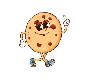 Kurabiye fırını karakteri. Çizgi film karakteri, neşeli bir ifadesi ve parmakları havada neşeli bir şekilde gezinen eski spor ayakkabıları var. Çikolata parçalı izole vektör yuvarlak kurabiye