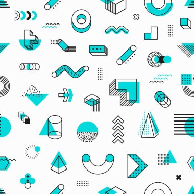 Basit çizgi şekillerinin, vektör fayanslarının mavi geometrik Memphis şekli kusursuz desen arkaplanı. Modern ya da retro Y2K hipster Memphis motifi minimal geometrik şekiller ve izometrik elementlerin arka planı