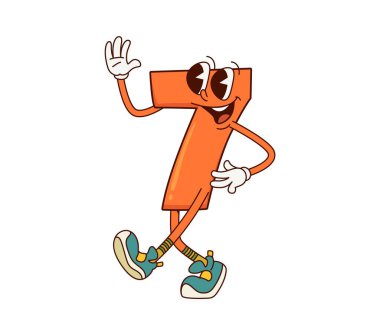 Yedi numaralı çizgi film karakteri. Ayrı bir vektör, neşeli ve eğlenceli 7 figürlü, büyük yuvarlak gözlü, neşeli bir gülümseme ve belirgin yedi şekilli turuncu gövdeli. Matematik sayısal çocuk kişiliği