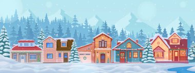 Kış tatili için çatıda evler ve karla kaplı karlı bir kasaba. Çizgi film arka planı. Noel evi cepheleri ya da dış görünüşü kapıda çelenk ve kardaki köknar ağaçları olan evler.