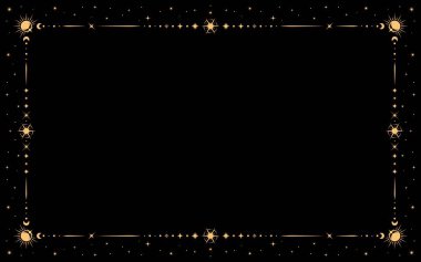 Mystic celestial frame with astrology sun, moon and stars in golden line border, vector background. Mystic celestial frame for Tarot cards, esoteric astrology and witchcraft magic with sky symbols clipart