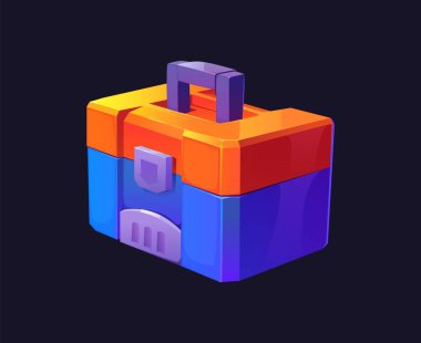 Çizgi film fütüristik bilim kurgu oyunu alet çantası, uzay göğsü, sapı ve kilidi olan mavi, turuncu ve mor renkler. İzole vektör oyun varlığı, araçlar için depolama aracı ve organizasyon