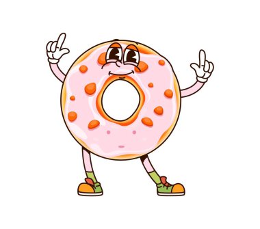 Harika bir tatlı karakteri. Çizgi film komik vektör fırın retro kişiliği pembe jöleli, şekerli ve gülümseyen yüzlü, parmaklarını gösteriyor. Donut fırını üretimi, kawaii şekerleme