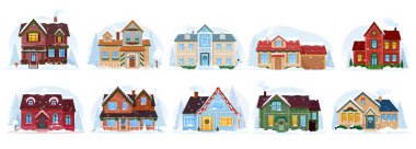 Issız bir Noel evi dış görünüşü, karlı çatıları, ağaçları ve kardan adamı olan bir bina cephesi, vektör Xmas tatil kasabası sahnesi. Çizgi film binaları Noel ışıkları ve çelenkleriyle süslenmiş.