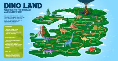 Dino park haritasında Jurassic döneminin tarih öncesi dinozor hayvanları vektör şablonu var. Dinozor arazisi eğlence parkı ve tarih öncesi dinozorlar soyu tükenmiş hayvan ve kertenkelelerin yönünü gösteren ada haritası.