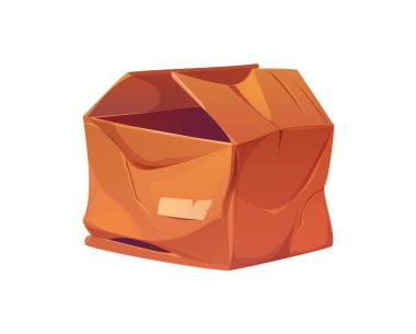 Hasarlı, buruşmuş ve kırık karton kutu. Parçalanmış ve parçalanmış alanlarla izole edilmiş karikatür vektör paketi kaba kullanım, dağıtım sorunları, kötü idare, lojistik veya nakliye sorunları gösteriyor