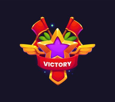 Oyun zafer ikonu, ödül rozeti, mor merkezli bir yıldızla çizgi film ödülü, altın kanatlar ve kırmızı kurdele, defne yaprakları ve bayraklar ile çevrili, oyundaki başarıyı ve başarıyı simgeliyor.