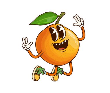 Mandalina meyvesi karakteri. Çizgi film vektörü turuncu, mandarin narenciye meyveli kişi mutlu ve neşeli bir ifadeyle atlıyor, barış jestleri sergiliyor, dehşet ve hippi yaz havası yayıyor.