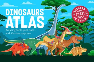 Karikatür tarih öncesi dinozor karakterleri, ansiklopedi kitap kapağı şablonu. Orman ormanındaki komik dinazor hayvanları ve sürüngenler. Şirin tyrannosaurus rex, allosaurus, titanosauria dinozorları