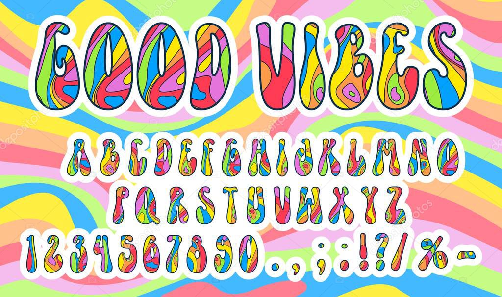 70s psychedelic rainbow font or groovy type with retro 60s hippie typeface, vector bold wavy alphabet. Psychedelic hippie groovy font with rainbow letters in cartoon retro art for funky trippy type