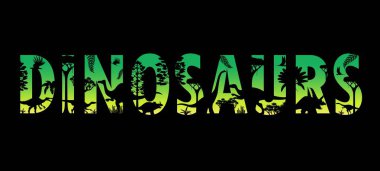 Dinozorlar orman ormanında gün batımı siluetleri. Dinazorları heceleyen tarih öncesi vektör tipografisi, her harf dinazor türlerinin gölgeleri ve parlak yeşil renkli jurasik bitkilerle doludur.