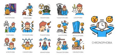 Psikoloji problemleri, insan fobisi renk çizgisi ikonları, zihinsel sağlık ve endişe bozukluğu. Travma fobisi, pirofobi ve tanatofobi, toksikofobi ve atrofobi belirtileri gösteren vektör hatları.