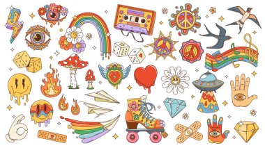 Retro çizgi film hippi seti. Vector funky gökkuşağı, çiçek, kalp, aşk, yaz güneşi ve barış sembolleri. Psikedelik papatya, mantar, hippi el ve göz, UFO, müzik kaseti ve mutlu emoji tipi.