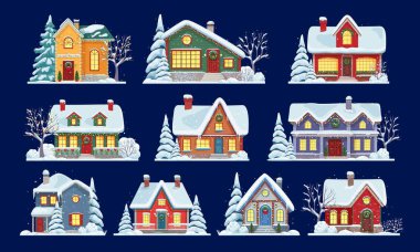 Issız bir Noel evi dış cephesi çatısı karla kaplı, vektör binalar. Kış tatili ya da yeni yıl için karlı sokakta pencereleri ve ağaçları olan Noel çizgi film evleri ya da köyleri