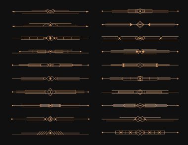 Altın sanat deco bölücüleri, menü sınır unsurları, zarif çizgi süsleme çerçevesi. Vintage dekoratif süslemelerin vektör seti. Altın lüks, Art deco doğrusal deco modeller, altçizgiler veya başlıklar