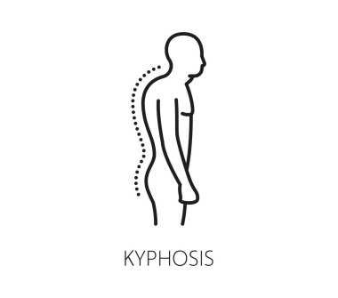 Kiropraktik tıp ve omurga eğriliği hastalığı için kiroz çizgisi ikonu, vektör pictogram. Kifoz, omurga patolojisi ve anormal sırt duruşu için kayropraktik ve kayropraktik.