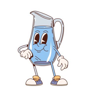Eski moda su sürahisi ya da komik yüzlü mutfak gereçleri karakteri, çizgi film vektörü. Modaya uygun retro ve komik su sürahisi ya da mutfak emoji karakteri için gülen yüzlü cam sürahi.