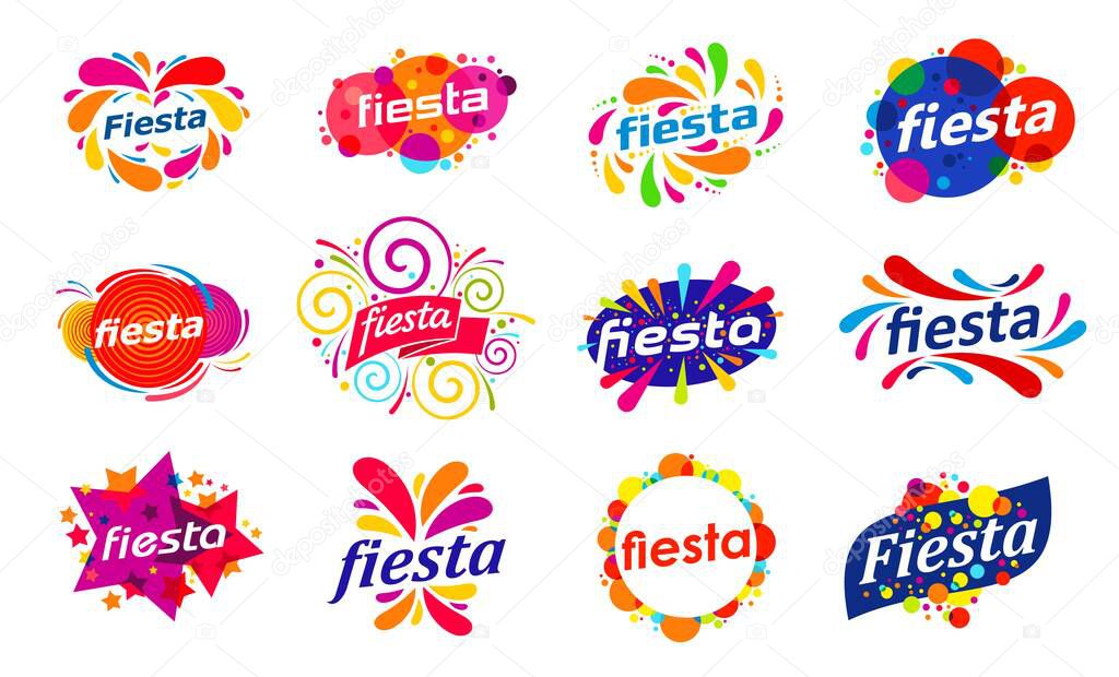 Fiesta holiday party and fun carnival event symbols, bright fete vector icons with confetti, ribbons and festive fireworks. Birthday party, summer fiesta and street carnival, entertainment event icons