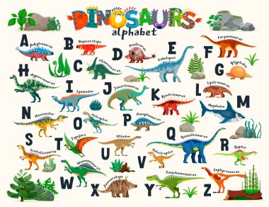 Çocuklar, dinozor alfabesi, tarih öncesi hayvanlar, bitkiler ve volkan kayaları, vektör eğitim posteri. İngilizce alfabe harfleri ve çizgi film karakterleri, ankylosaurus, iguanodon, neovenator, raptor