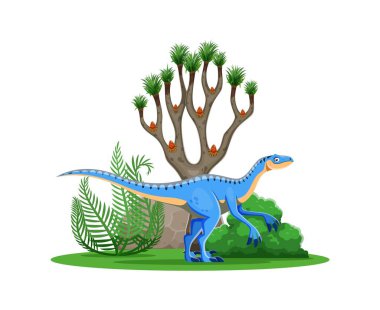 Tarih öncesi dinozor Eoraptor karakteri ve orman ormanındaki komik dino, vektör kertenkele. Çocuk paleontoloji oyuncakları için Eoraptor türünün tarih öncesi dinozor raptor karakteri
