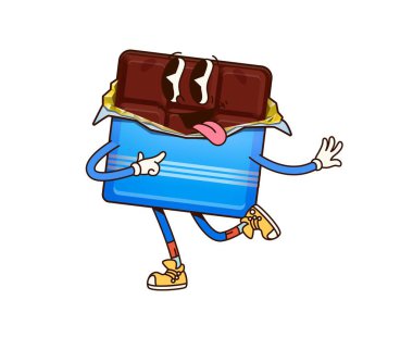 Çikolatalı tatlı karakteri. Karikatür vektör şekerlemesi ambalajlı tatlı kişiliği neşeli bir ifadeyle, eğlence, mutluluk ve oyun dolu bir dil yapıştırıcı.