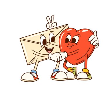 Sevgililer Günü 'nün harika kalbi ve mektup zarfı karakterleri sevgiyi ve bağlantıyı sembolize ediyor. Sevgililer Günü kutlamaları için karikatür vektörü retro kişilikleri, dostluk ve sevgi titreşimleri.