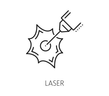 Lazer, metal işi teknoloji ikonu kesiyor. Çelik işleme endüstrisi ince çizgi ikonu, lazer işaretleme üretim teknolojisi veya CNC oymacılık imalat ekipman hattı çizim vektörü pictogram