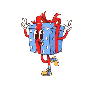 Çizgi film harika Noel hediyesi kutusu karakteri. Mutlu Noeller, izole edilmiş sevimli çizgi film karakteri. Mutlu Noeller ya da yeni yıl kutlamaları mavi hediye kutusu harika vektör karakteri ya da neşeli maskot