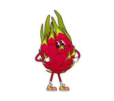 Çizgi film süper pitahaya ejderha meyvesi karakteri. İzole edilmiş vektör tropikal ejderha meyve kişiliği, anlamlı yüzü olan, neşeli duruşu olan, ıslık çalan ve modaya uygun spor ayakkabıları giyen