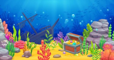 Batık gemi ve korsanlar hazine sandığı, karikatür sualtı oyun alanı. Büyüleyici derin deniz ortamı su bitkileri, kayalar, kabarcıklar ve gizli zenginliklerin gizemi ile doludur.