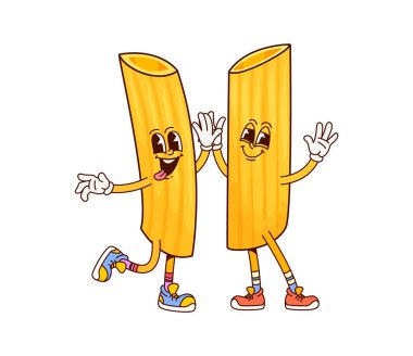 Manicotti İtalyan makarnası harika komik karakter. İtalyan restoranının klasik gurme süper karakteri, Manicotti lezzetli makarna ya da İtalyan erişte menüsü komik 60 'ların izole edilmiş vektör kişiliği