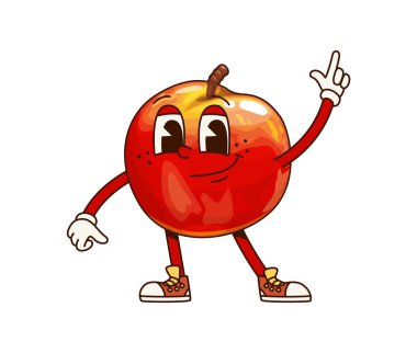 Muhteşem tropikal nektarin meyve karakteri enerjik bir şekilde hareket ediyor, heyecan ve eğlence hissi yayıyor. İzole edilmiş çizgi film vektörü neşeli şeftalili meyve retro kişiliği klasik spor ayakkabılar ve eldivenlerle.