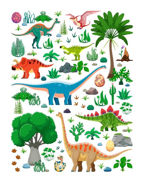 Герои доисторической эпохи динозавров и ящерицы динозавров в джунглях, вектор мультфильмов. Смешные динозавры и доисторические птеродактильные ящерицы юрского периода для детей