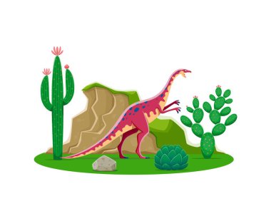 Anchisaurus, kaktüslü tarih öncesi dinozor hayvan çizgi film karakteri. Vektör jurasik dino, tarih öncesi sulu bitkiler ve taşlar. Şirin Sauropodomorph dinozor kişiliği, soyu tükenmiş kertenkele dino