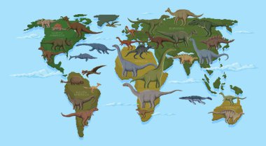 Dinozorların 8 bit retro pikselli bilgi grafikleri. Kuzey Amerika, Güney Amerika, Afrika, Avrasya ve Avustralya kıtalarına yerleştirilmiş tarih öncesi dinazor türlerinin vektör eğitim dünyası haritası