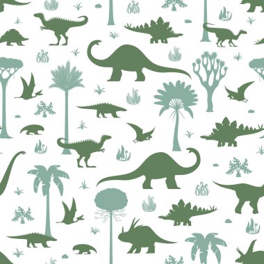 Tarih öncesi dinozorlar, beyaz arka planda bulunan antik ağaçlar ve bitkilerin arasında açık yeşil dinazor türlerinin siluetleri ile kusursuz bir desen oluştururlar. Tropikal arazide dinozor taşıyan çocukça fayanslar.