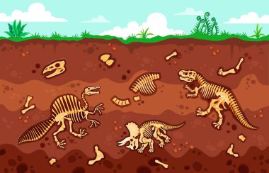 Toprak katmanları, arkeoloji ve paleontoloji kazılarında dinozor fosili. Antik dinazor kemikleri ve iskeletleriyle karikatür vektör zemin kesiti görüntüsü. tarih öncesi hayvanlar hakkında paleontolojik çalışmalar