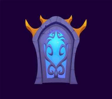 Gizem ve büyücülük oyunu için sihirli kapı ya da fantezi kapısı, vektör karikatür varlığı. Gizli kalenin taş kemerindeki sihirli kapı ya da gizemli oyun için mavi ışık saçan fantezi zindan