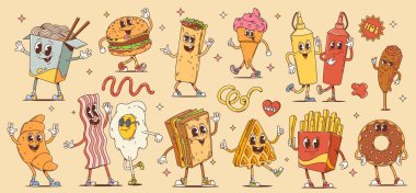Fast food ve kahvaltı çizgi filmlerindeki tatlı modası geçmiş karakterler. Şirin burger, sandviç ve patates kızartması vektör kişilikleri. Hippi burger, dondurma, mısırlı sosis, çörek, pastırma, yumurta ve kruvasan.