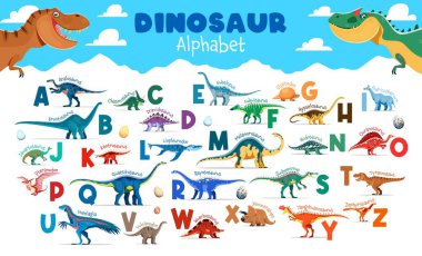 Kids dinosaurs alphabet with cartoon dino characters and eggs vector typography set. Uppercase letters with prehistoric dinosaurs, children education poster. Cute dino animals english alphabet letters clipart