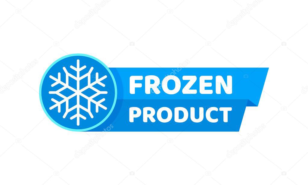 Blue frozen cold product icon, ice crystal label and badge with snowflake. Vector emblem or sticker for cold storage, freezer or items that are stored or sold in a frozen state in the food industry