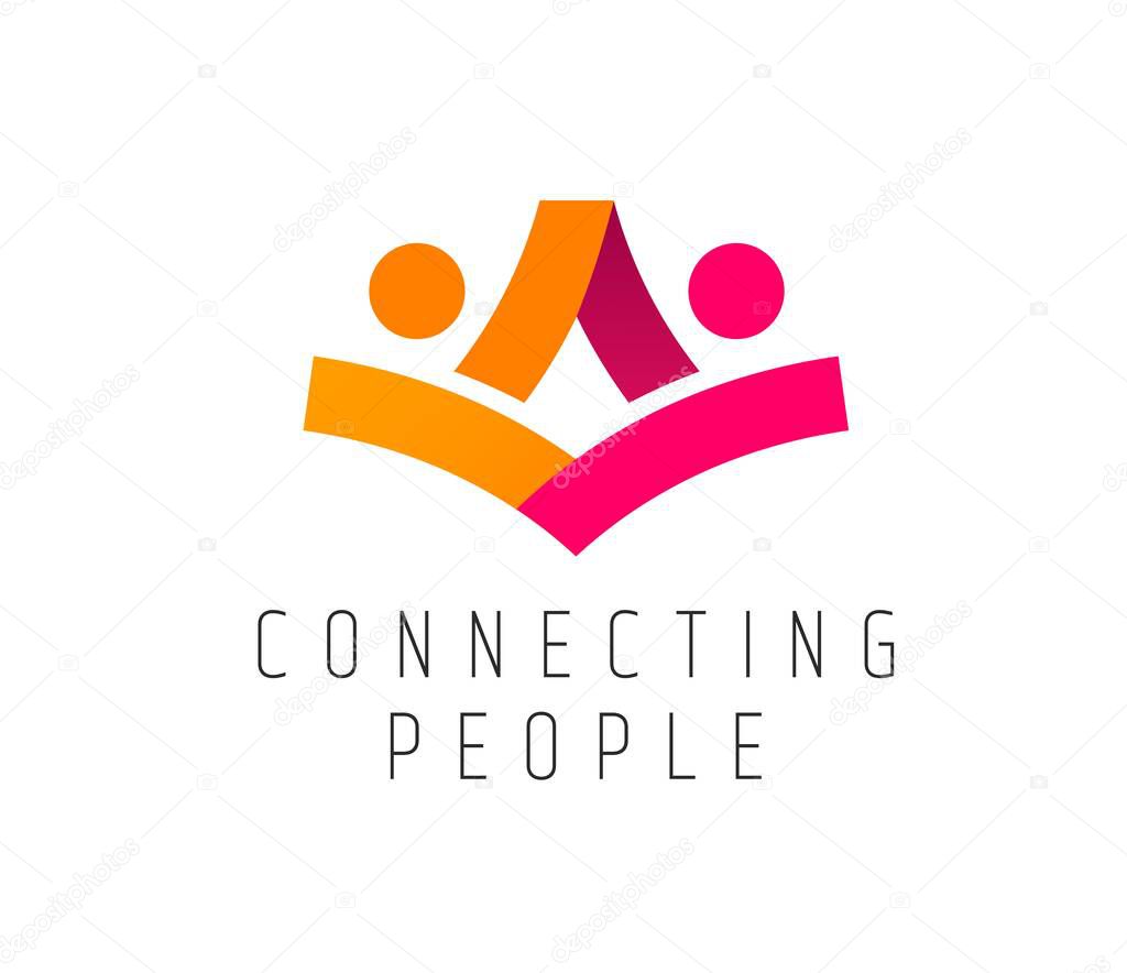 Community connect people together icon, teamwork or union and family. Vector emblem represents two abstract human figures, conveying support, social services, networking, cooperation and social bonds