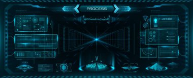 Gelecekçi HUD arayüzü, UI vektör grafik elemanları oyunu. Sanal kontrol paneli, grafikleri ve haritaları olan gelecekteki teknolojinin hologram ekranları. Uzay oyunu fütüristik baş ekran arayüzü