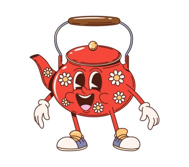 Kettle retro moda mutfak gereçleri ve alet edevat karakteri. İzole edilmiş karikatür vektörü neşeli çaydanlık kişiliği nostaljik titreşimler yayıyor. Sıcak içecek tenceresi neşe, samimiyet ve neşeyi çağrıştırıyor.